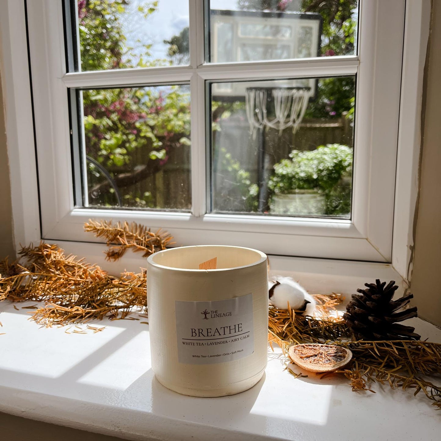 Breathe hand-poured soy candle displayed on a sunlit windowsill with natural botanical decor
