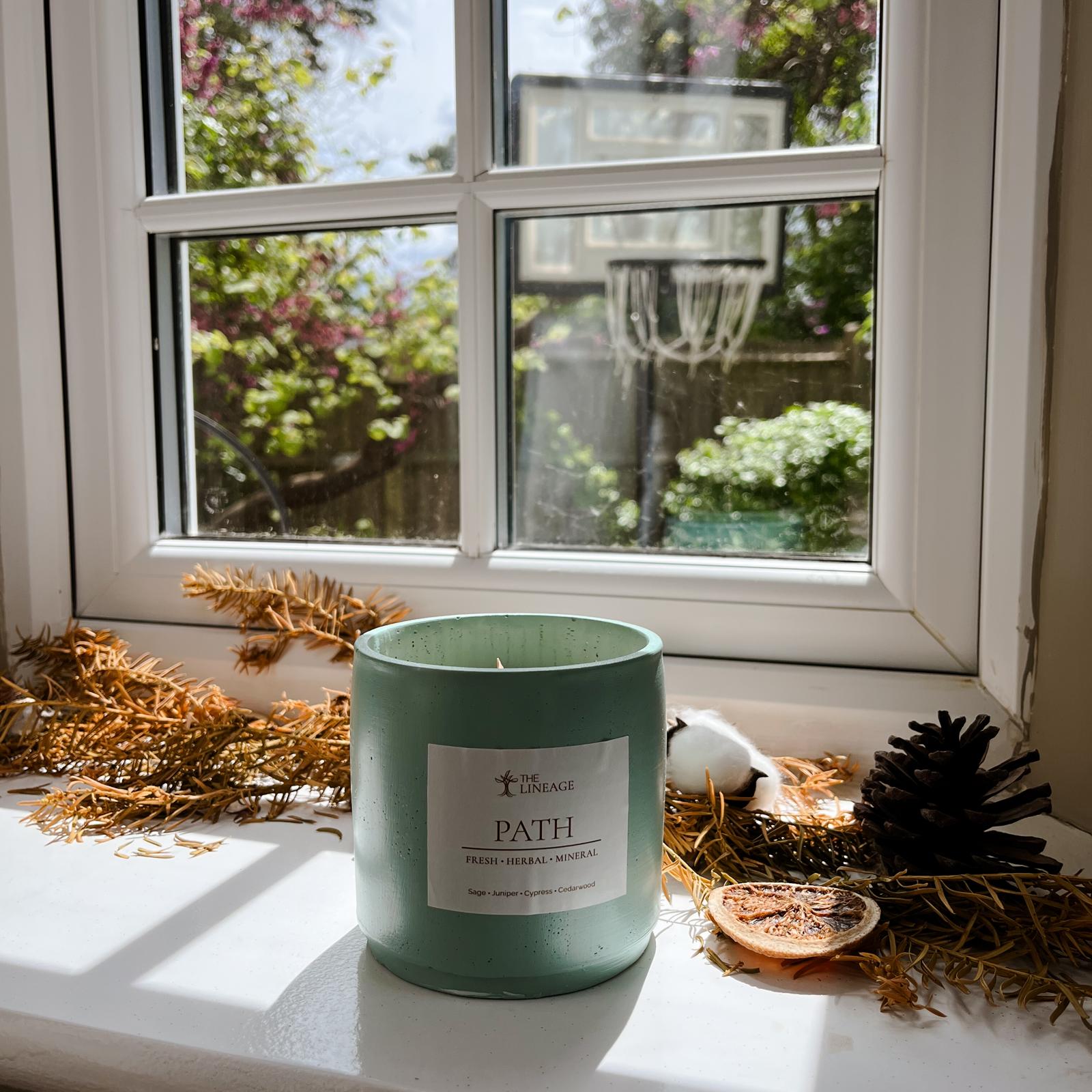 Path hand-poured soy candle displayed on a sunlit windowsill with natural botanical decor