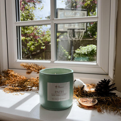 Path hand-poured soy candle displayed on a sunlit windowsill with natural botanical decor