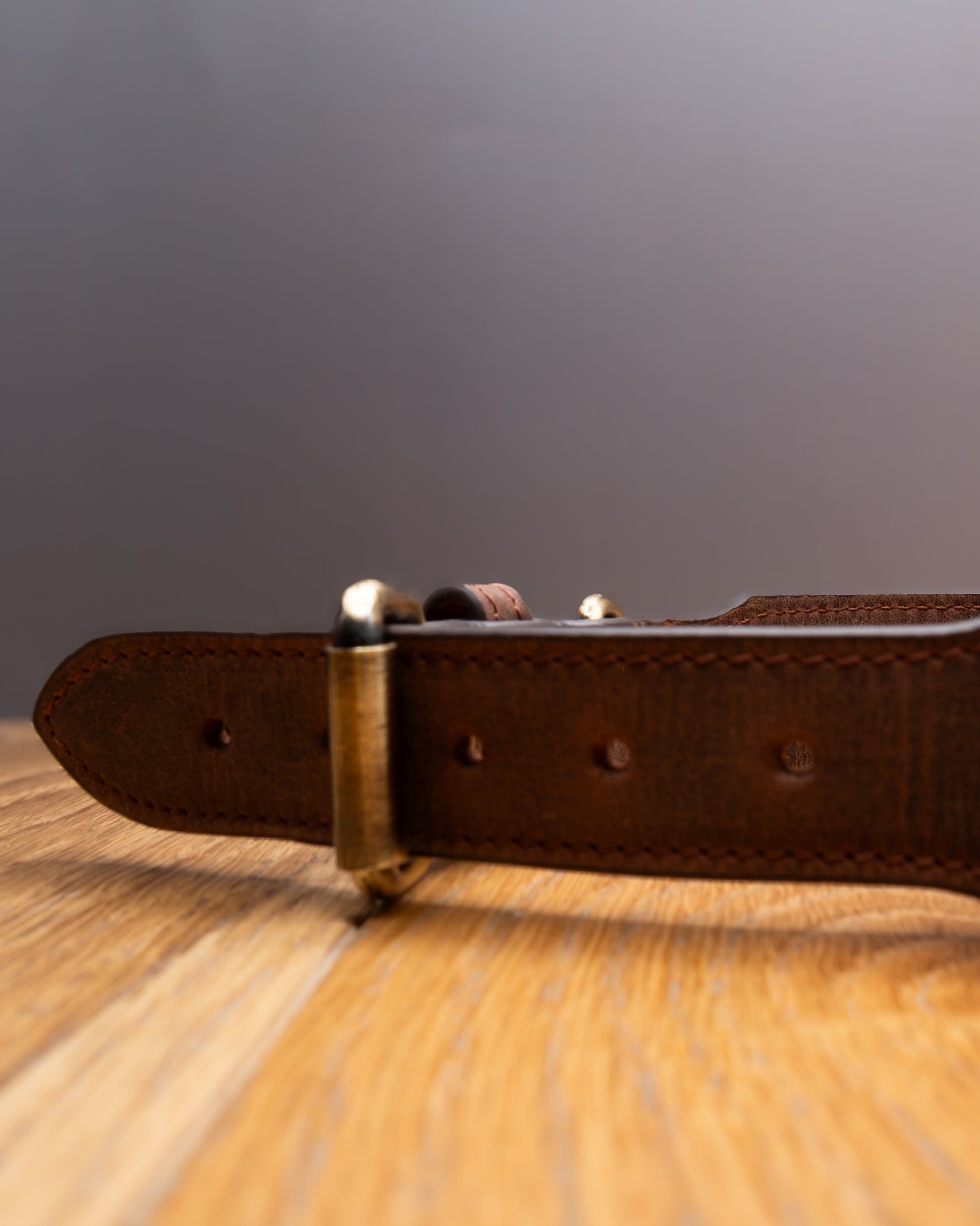 Close-up of brown top grain crazy leather Dog Collar showing adjustment holes and brass buckle hardware