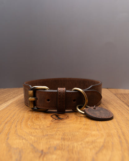 Opposite side view of brown top grain crazy leather Dog Collar with brass hardware and decorative leather charm