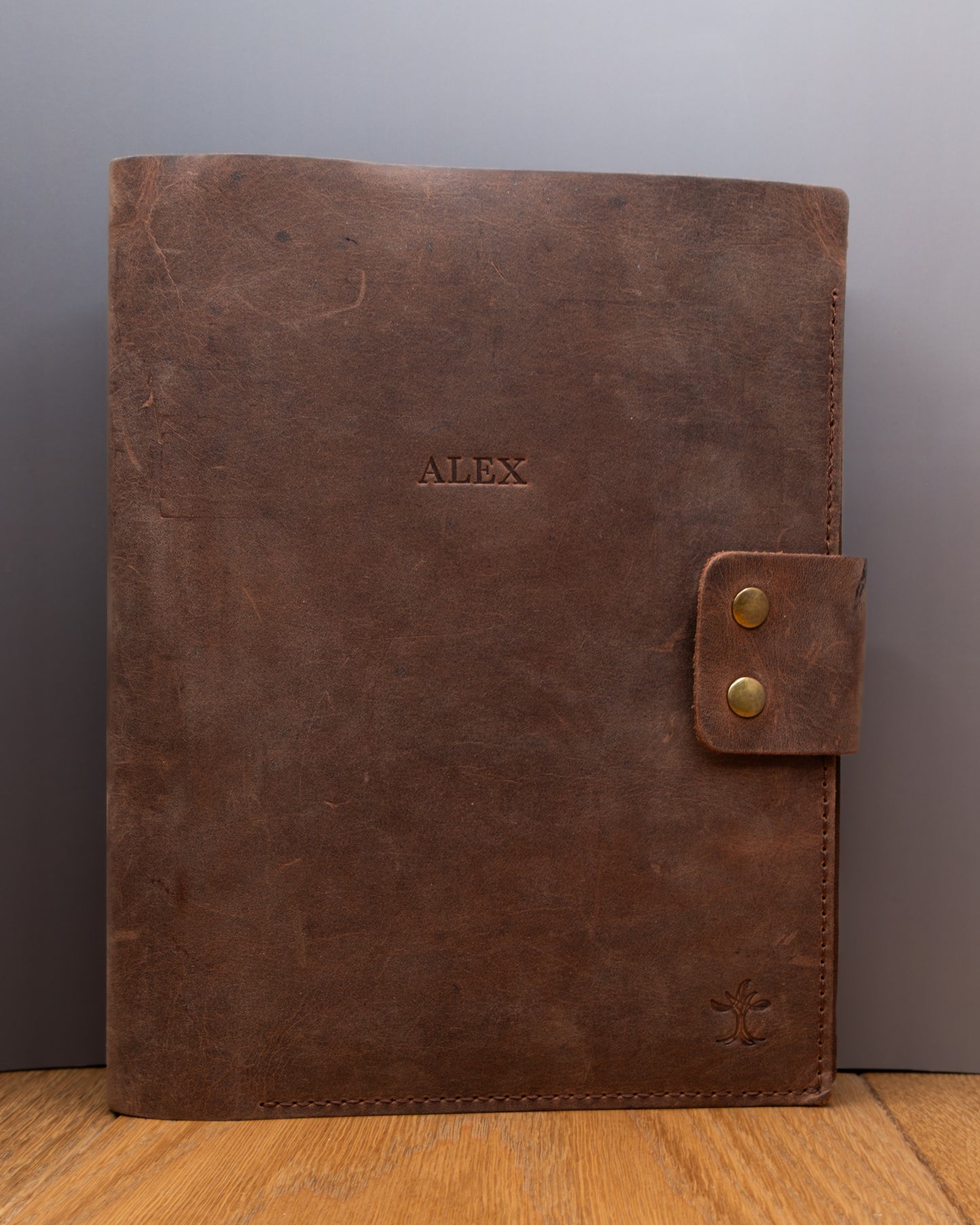 Personalised brown top grain crazy leather Notebook Cover with custom name embossing
