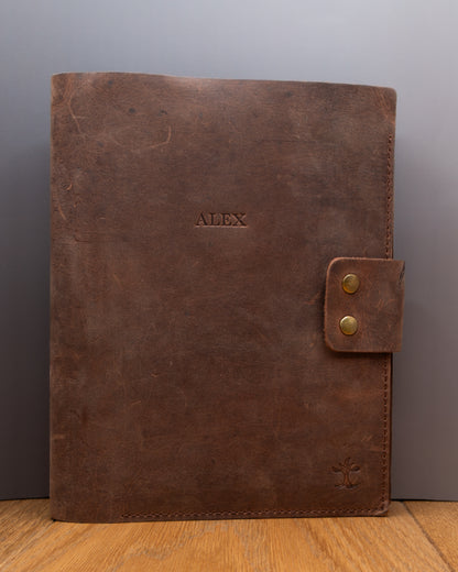 Personalised brown top grain crazy leather Notebook Cover with custom name embossing