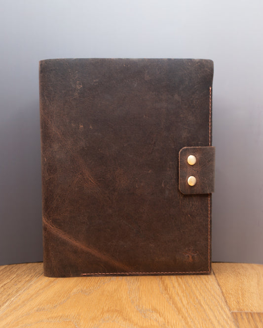 Brown top grain crazy leather Notebook Cover shown closed from the front