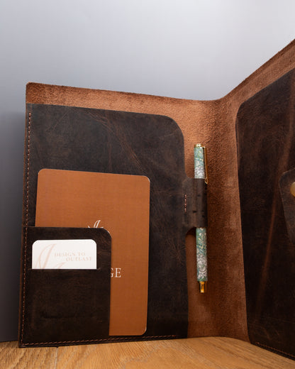 Open brown top grain crazy leather Notebook Cover showing card pockets and pen holder