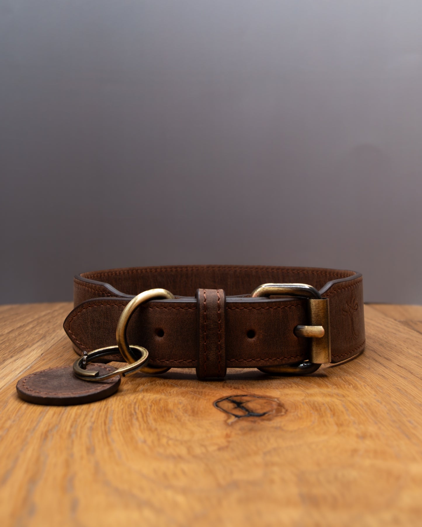 Brown top grain crazy leather Dog Collar with brass buckle, D-ring and decorative leather charm